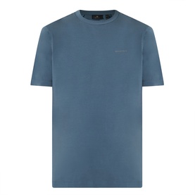Belstaff Alloy Logo T-Shirt in petrol blue, crew neck, short sleeves, small chest logo, straight hem, laid flat on white background.
