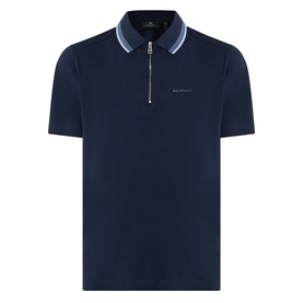 Belstaff Alloy Logo Tipped Zip Polo Shirt in Dark Ink, with contrast tipped collar, quarter-zip neckline and short sleeves