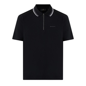 Belstaff Alloy Logo Tipped Zip Polo Shirt in black with zip neckline, contrast tipped collar and cuffs, short sleeves