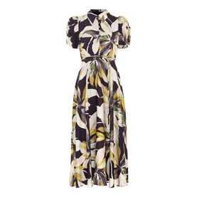 Phase Eight black multi floral print midi dress with puff sleeves, cinched waist tie, and flared skirt