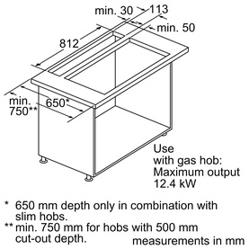 Neff Hood 90cm AIRDELUXE Down Draft Hood installation cut-out dimension diagram showing measurements in millimetres for gas hob compatibility.