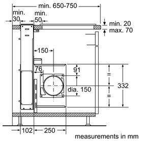 Neff Hood 90cm AIRDELUXE Down Draft Hood installation diagram showing cut-out dimensions in mm, with min. 650&ndash;750mm width and 332mm height.