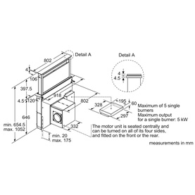 Neff Hood 90cm AIRDELUXE Down Draft Hood technical diagram showing dimensions and installation measurements in mm, silver unit.