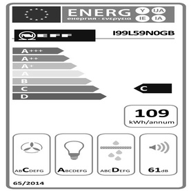 Neff Hood 90cm AIRDELUXE Down Draft Hood energy label. Rated C, 109 kWh/annum, 61dB. EU energy efficiency label, 65/2014.