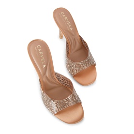Carvela Isabella Vinyl Heeled Mules in nude, crystal-embellished synthetic upper, stiletto heel, overhead flat-lay view