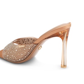 Carvela Isabella Vinyl Heeled Mules in nude tone with all-over crystal embellishment, clear stiletto heel, open-toe mule silhouette