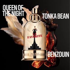 Jean Paul Gaultier La Favorite Eau de Parfum bottle in glass dome, with Queen of the Night, Tonka Bean and Benzouin fragrance notes shown