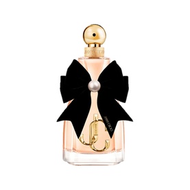 Jimmy Choo I Want Choo Eau de Parfum bottle with oversized black velvet bow, pearl embellishment, and gold cap