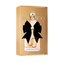 Jimmy Choo I Want Choo Eau de Parfum in gold bottle with black bow and pearl detail, presented in gold gift box