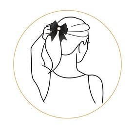 Line drawing illustration showing a bow hair clip with pearl detail worn in an updo hairstyle