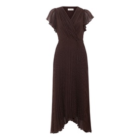 Phase Eight brown polka dot midi dress with flutter sleeves, wrap V-neckline, pleated skirt and asymmetric hemline
