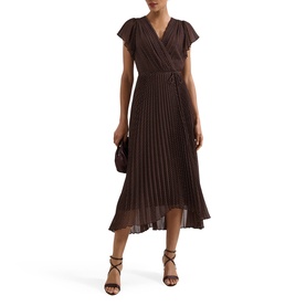 Model wearing Phase Eight brown pleated wrap midi dress with flutter sleeves, styled with strappy heeled sandals and a small clutch bag