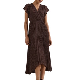 Phase Eight brown polka dot wrap midi dress with flutter sleeves, tie waist, and pleated asymmetric hem