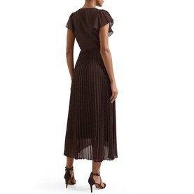 Model wearing Phase Eight brown midi dress with flutter sleeves, pleated skirt, and wrap-style bodice, styled with strappy heels