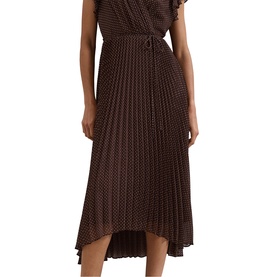 Model wearing Phase Eight brown polka dot pleated midi dress with tie waist detail and asymmetric hem