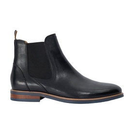 Black leather Chelsea boot with elasticated side panel, pointed toe, and navy blue sole, shown in profile view
