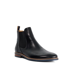 Black leather Chelsea boot with elasticated side panel, pointed toe, tan leather lining, and slim dark sole