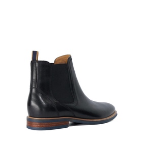 Black leather Chelsea boot with elasticated side panel, tan leather lining, and brown layered sole, shown from rear angle