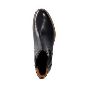 Black leather Chelsea boot, overhead view showing elasticated side panel, tan leather lining and natural rubber sole edge