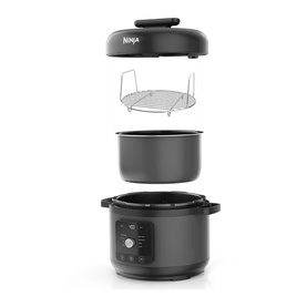 Ninja Hyper Heat 9 in 1 Pressure and Rice Cooker in black, shown exploded with lid, wire rack, inner pot, and base unit.