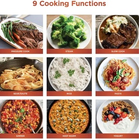 Ninja Hyper Heat 9 in 1 Pressure and Rice Cooker cooking functions grid showing pressure cook, steam, slow cook, sear, rice, pasta, simmer, keep warm
