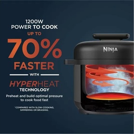 Ninja Hyper Heat 9 in 1 Pressure and Rice Cooker in black, shown with 1200W HyperHeat technology graphic, cooks up to 70% faster.