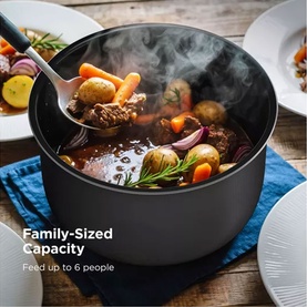 Ninja Hyper Heat 9 in 1 Pressure and Rice Cooker in black, filled with bubbling beef and vegetable stew, steam rising, text reads Family-Sized