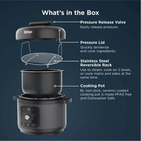 Ninja Hyper Heat 9 in 1 Pressure and Rice Cooker in Black, what's in the box diagram showing pressure release valve, lid, reversible rack and 6L