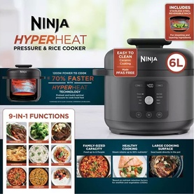 Ninja Hyper Heat 9 in 1 Pressure and Rice Cooker in black, showing 9-in-1 functions, 6L capacity, and food cooking examples