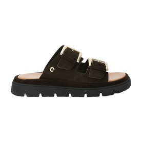 Carvela Comfort Pavilion Sandals in brown suede with gold buckle straps and black chunky tread sole