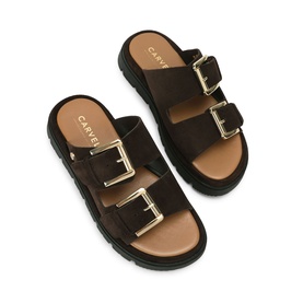 Carvela Comfort Pavilion Sandals in brown suede with two gold buckle straps and chunky black tread sole