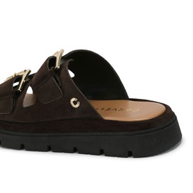 Carvela Comfort Pavilion Sandals in brown suede, gold buckle detail, chunky black tread sole, rear three-quarter view