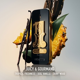 Paco Rabanne 1 Million Black Eau de Parfum in dark bottle with gold detailing, styled with vanilla and amber fragrance notes visual