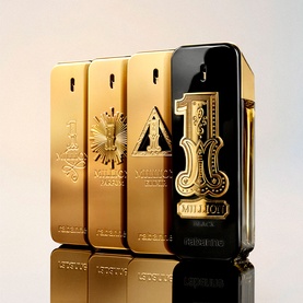 Paco Rabanne 1 Million Black Eau de Parfum displayed alongside two gold 1 Million bottles, showing black and gold bottle trio