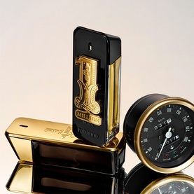 Paco Rabanne 1 Million Black Eau de Parfum in black and gold bottle, styled with a vintage speedometer on a reflective surface.