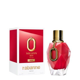 Paco Rabanne Million Red For Her Parfum in a faceted red bottle with gold cap and oversized O logo detail