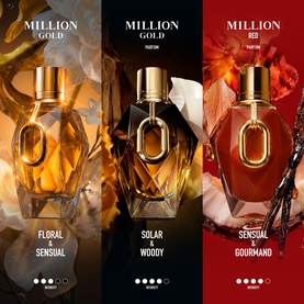 Paco Rabanne Million Red For Her Parfum shown alongside Million Gold Floral and Million Gold Solar variants in styled trio campaign shot.