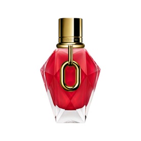 Paco Rabanne Million Red For Her Parfum in a faceted red bottle with gold cap and oval gold link detail