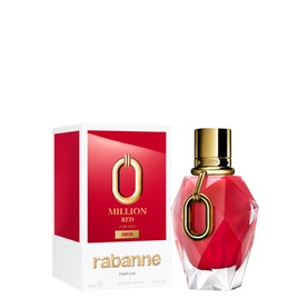Paco Rabanne Million Red For Her Parfum, faceted red bottle with gold cap, shown alongside matching red and white gift box.