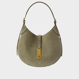 Polo Ralph Lauren Light Olive suede shoulder bag with crescent shape, gold-tone hardware and top handle
