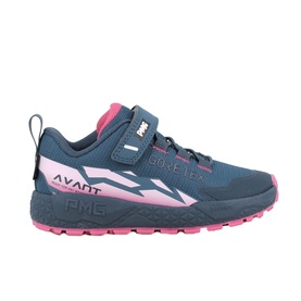 Primigi 3509 kids trail shoe in pink and navy with velcro strap, GORE-TEX branding, and chunky sole