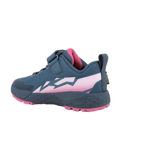 Primigi children's trainer in pink and navy blue with velcro strap, lightning bolt detail, and pink rubber sole, rear angle view