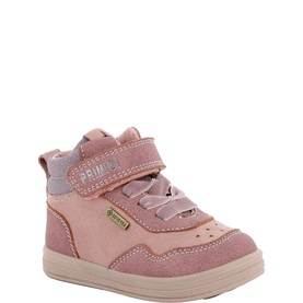 Primigi 3509 kids hi-top shoe in candy pink suede with velcro strap, elastic laces, and GORE-TEX branding, cream sole