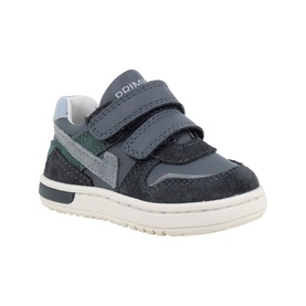 Primigi 3509 kids navy trainer with double velcro straps, green and grey panelling, and cream rubber sole