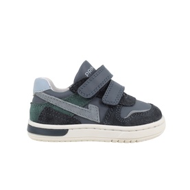 Primigi 3509 kids navy suede trainers with double velcro straps, grey chevron detail, and cream rubber sole