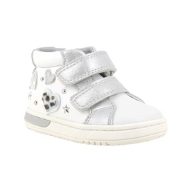 Primigi children's white high-top trainer with silver double velcro straps, star and flower embellishments, and cream sole