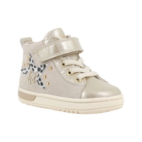 Primigi beige hi-top trainer with gold shimmer, leopard print panel, floral embellishments, velcro strap, and cream sole