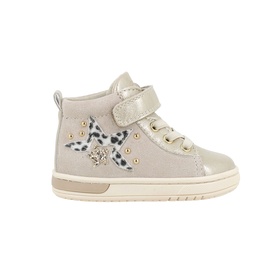 Primigi beige high-top trainer with leopard-print bow appliqu&eacute;, gold stud trim, velcro strap, and cream sole