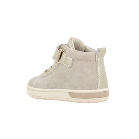 Primigi 3509 kids high-top trainer in beige suede with velcro strap, gold zip detail, and cream rubber sole