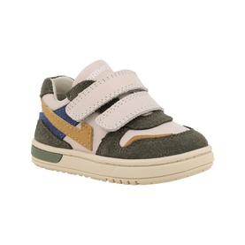 Primigi 3509 kids trainer in multi colourway, double velcro straps, suede panels, cream sole, khaki, pink, tan and blue detailing